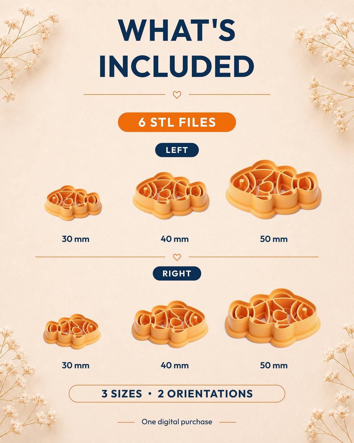 What's included graphic showing the STL file package and available sizes for the Clownfish clay cutter.