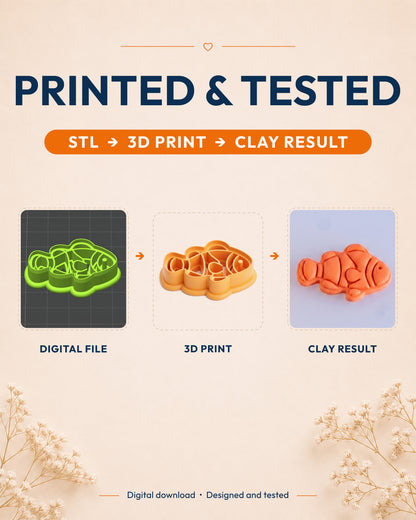 Printed and tested graphic showing the digital model, printed Clownfish cutter and matching polymer clay result.