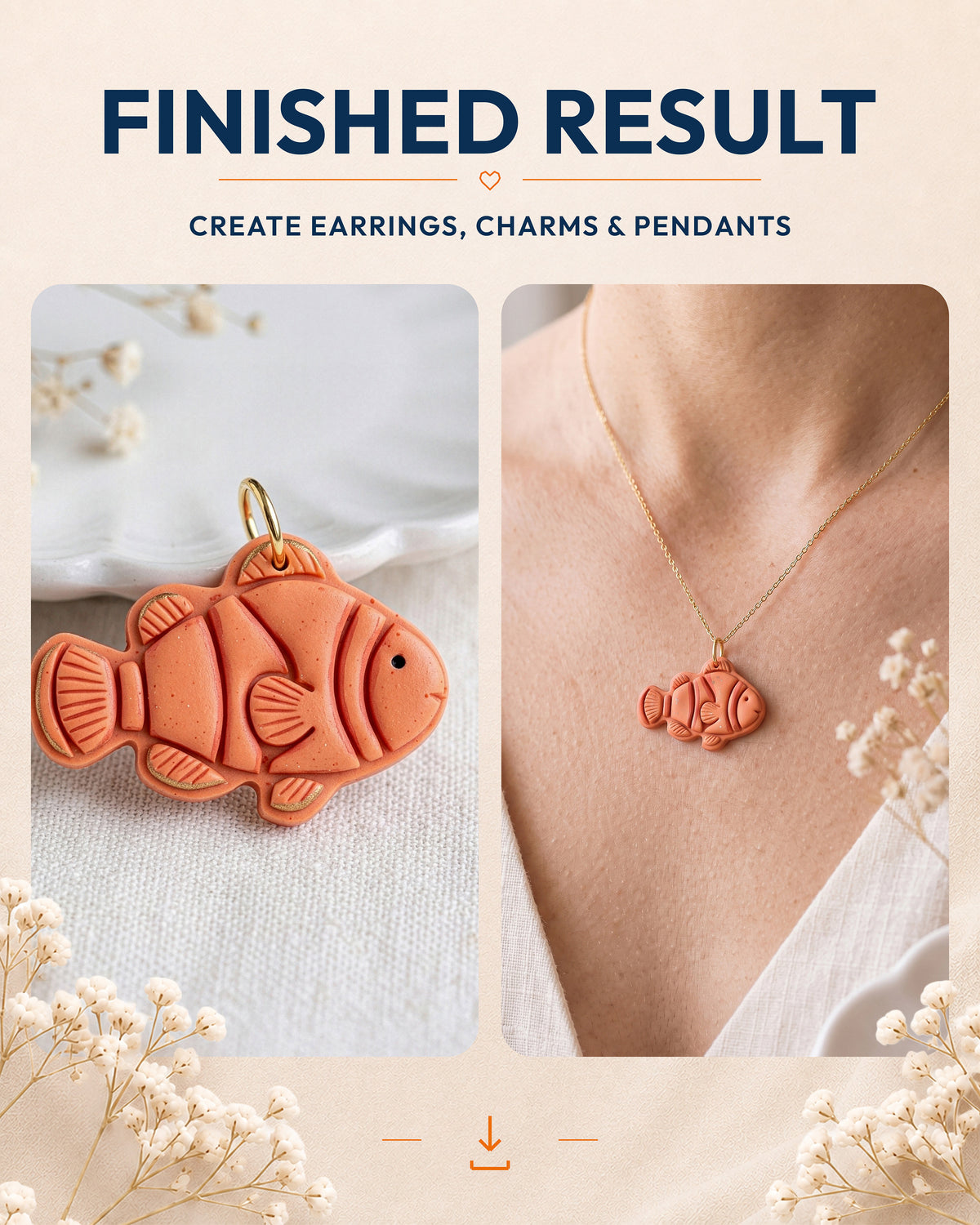 Finished result collage showing polymer clay jewelry created with the Clownfish cutter design.