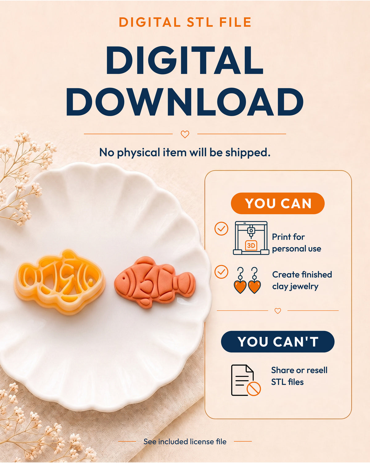 Digital download information graphic for the Clownfish STL files, explaining that no physical item is shipped.