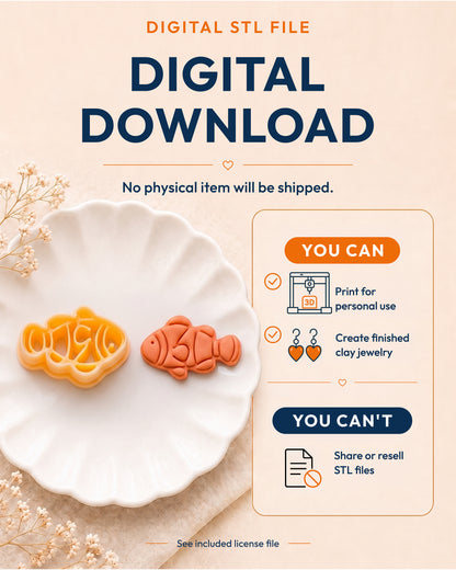 Digital download information graphic for the Clownfish STL files, explaining that no physical item is shipped.