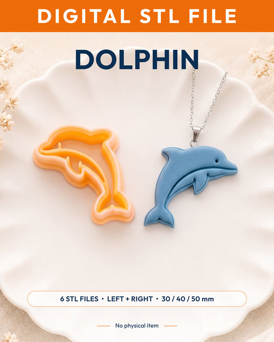 Digital STL listing hero showing the Dolphin printed clay cutter with example finished polymer clay jewelry.