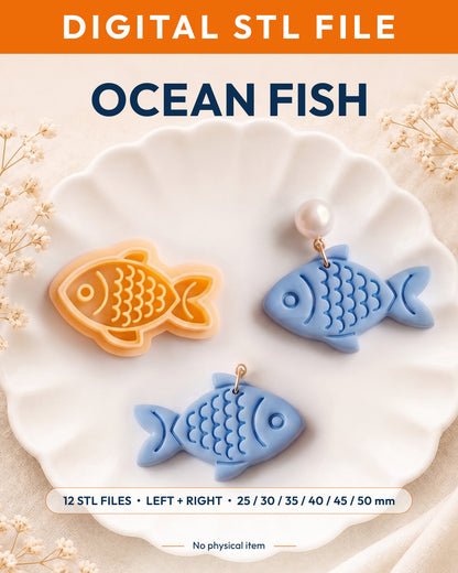 Digital STL listing hero showing the Fish printed clay cutter with example finished polymer clay jewelry.