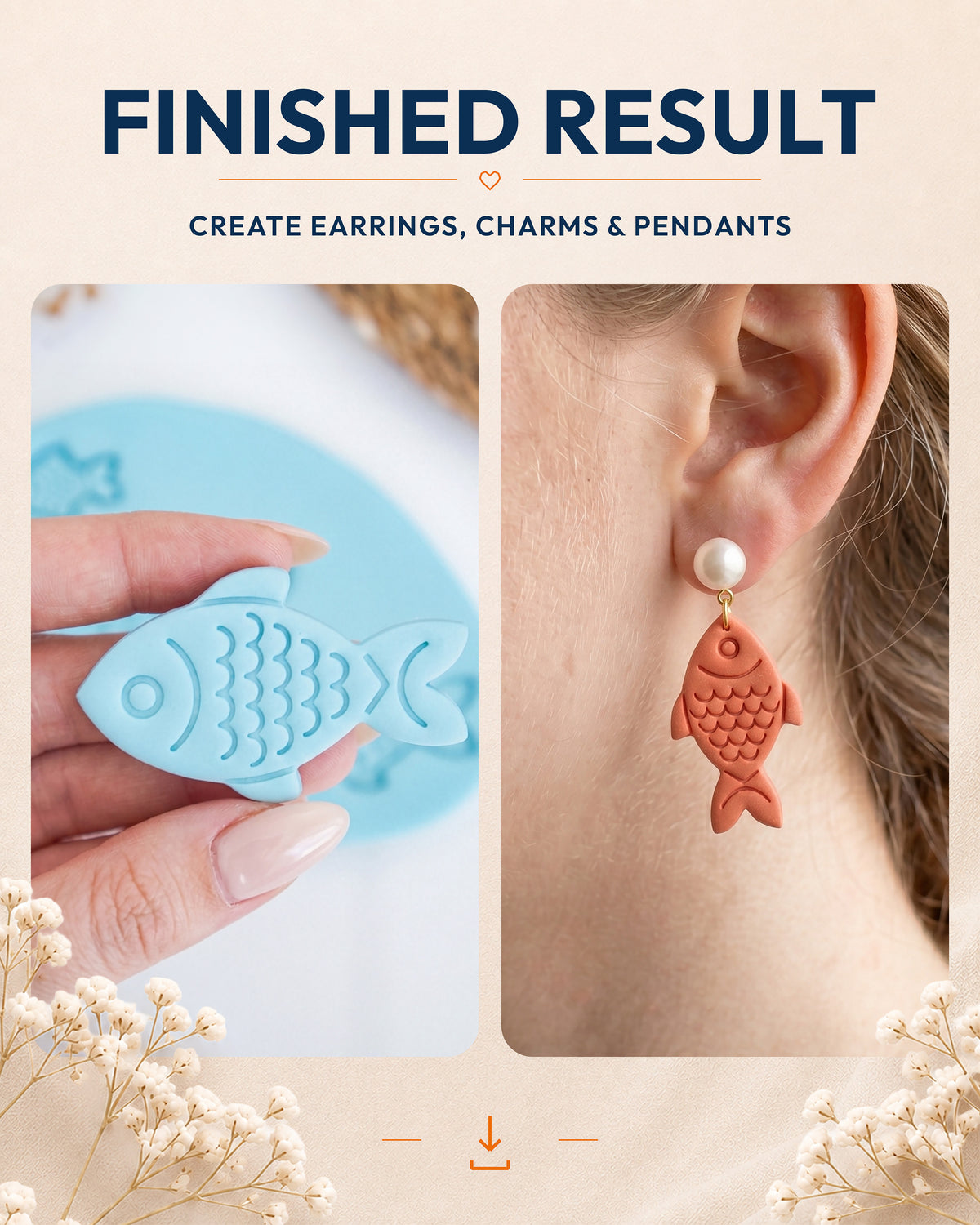 Finished result collage showing polymer clay jewelry created with the Fish cutter design.