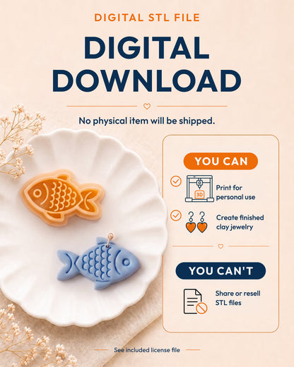 Digital download information graphic for the Fish STL files, explaining that no physical item is shipped.