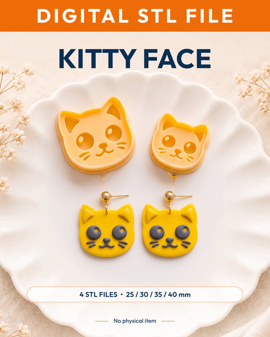 Digital STL listing hero showing the Kitty Face printed clay cutter with example finished polymer clay jewelry.