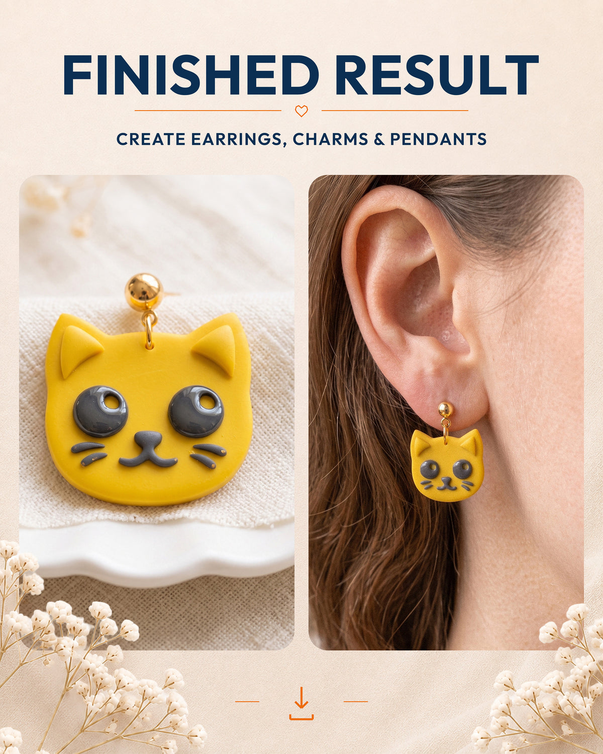 Finished result collage showing polymer clay jewelry created with the Kitty Face cutter design.