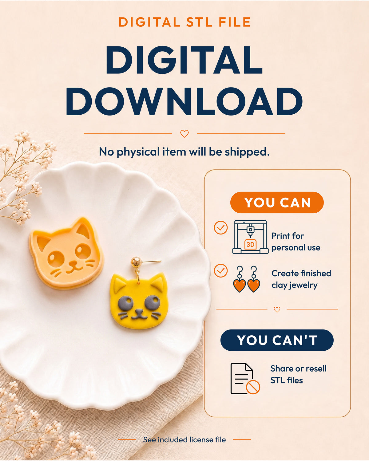 Digital download information graphic for the Kitty Face STL files, explaining that no physical item is shipped.