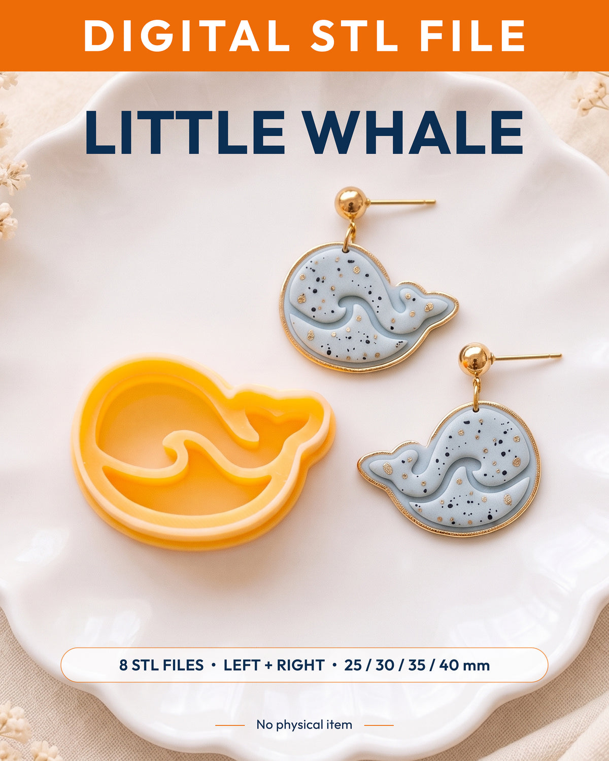 Digital STL listing hero showing the Little Whale printed clay cutter with example finished polymer clay jewelry.