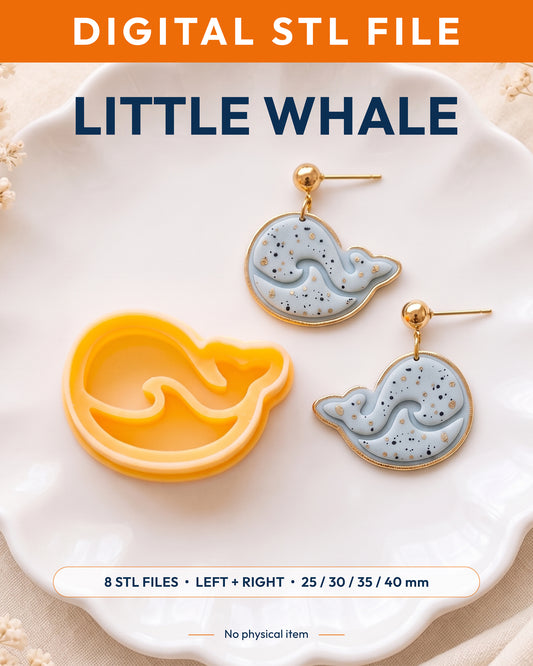 Digital STL listing hero showing the Little Whale printed clay cutter with example finished polymer clay jewelry.