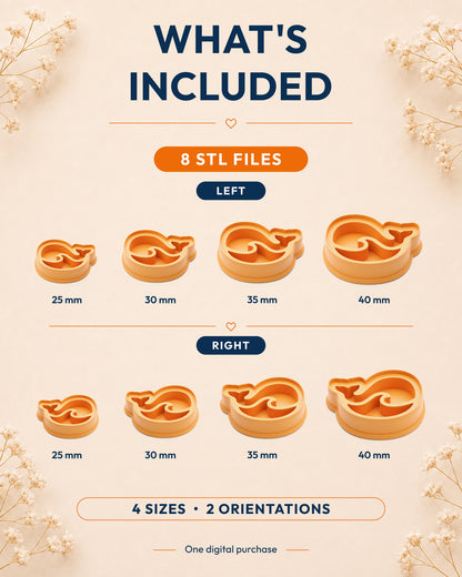 What's included graphic showing the STL file package and available sizes for the Little Whale clay cutter.