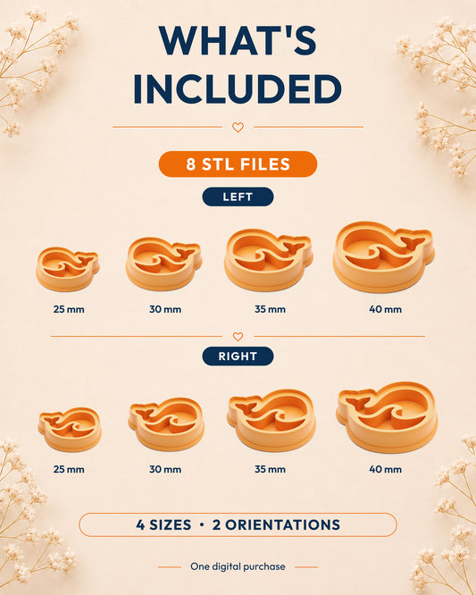 What's included graphic showing the STL file package and available sizes for the Little Whale clay cutter.