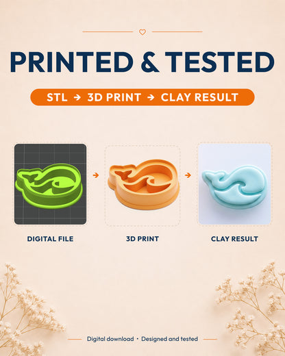 Printed and tested graphic showing the digital model, printed Little Whale cutter and matching polymer clay result.