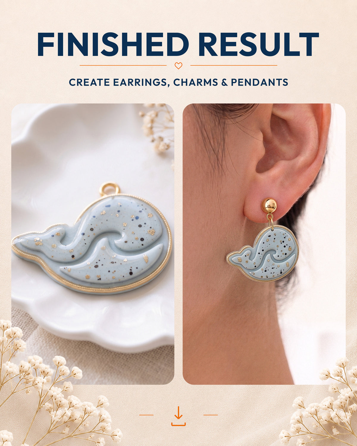 Finished result collage showing polymer clay jewelry created with the Little Whale cutter design.