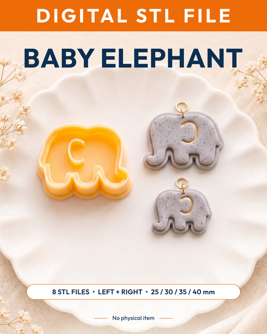 Digital STL listing hero showing the Mini Baby Elephant printed clay cutter with example finished polymer clay jewelry.
