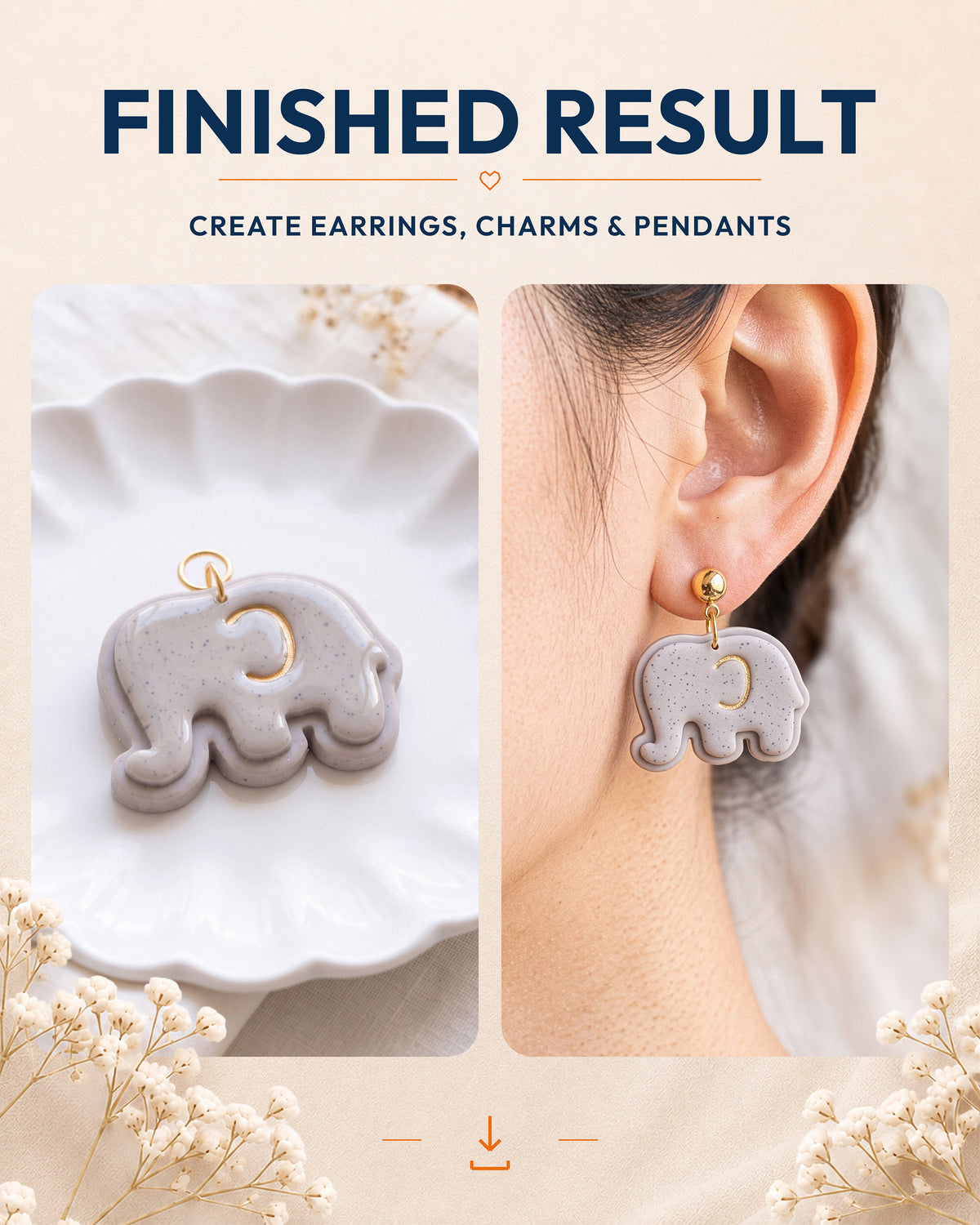 Finished result collage showing polymer clay jewelry created with the Mini Baby Elephant cutter design.