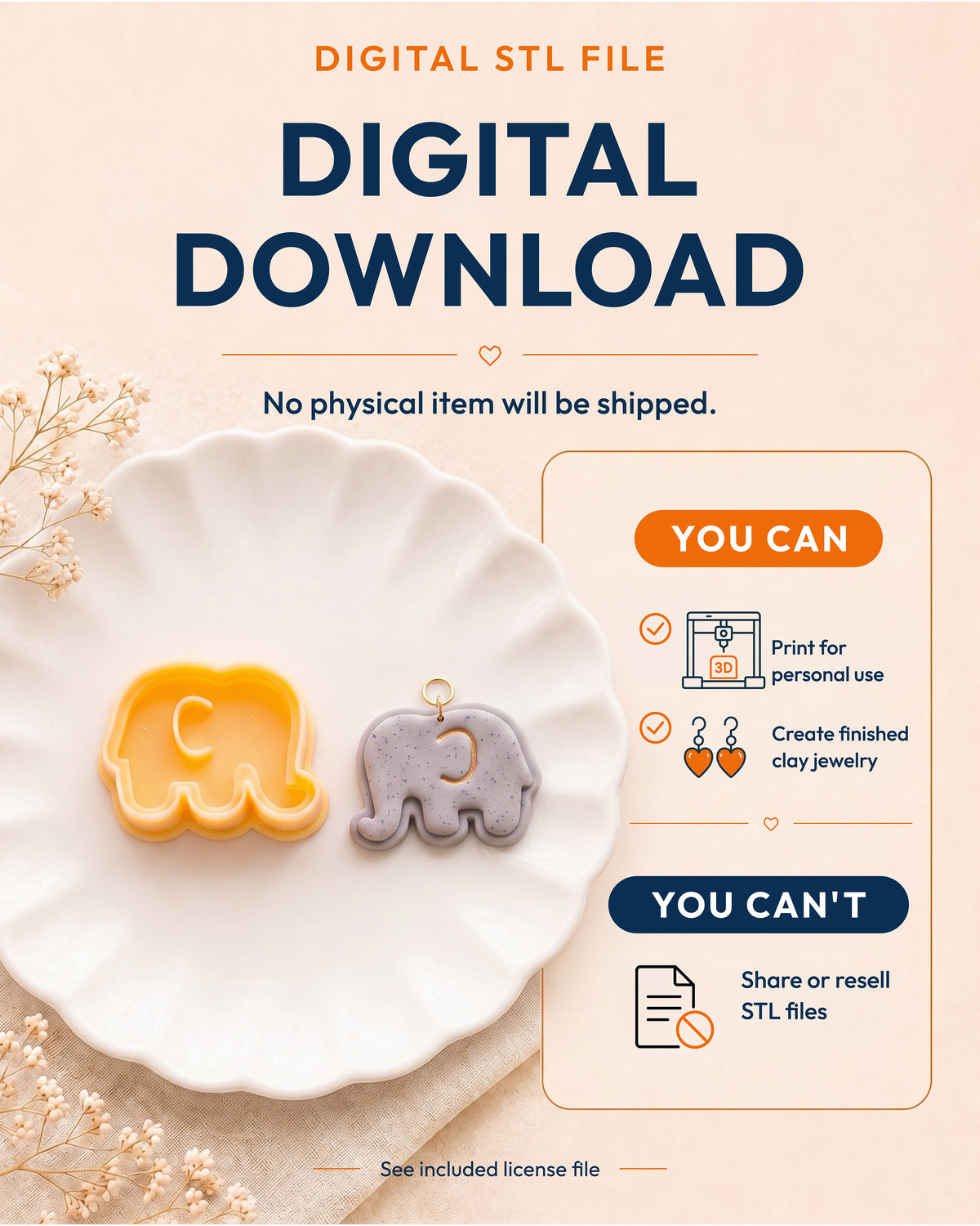 Digital download information graphic for the Mini Baby Elephant STL files, explaining that no physical item is shipped.