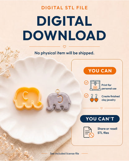 Digital download information graphic for the Mini Baby Elephant STL files, explaining that no physical item is shipped.
