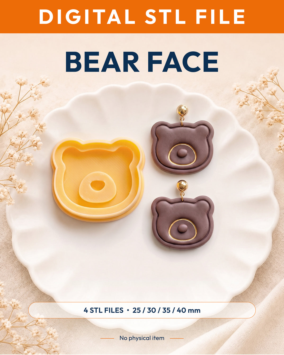 Digital STL listing hero showing the Mini Bear Face printed clay cutter with example finished polymer clay jewelry.