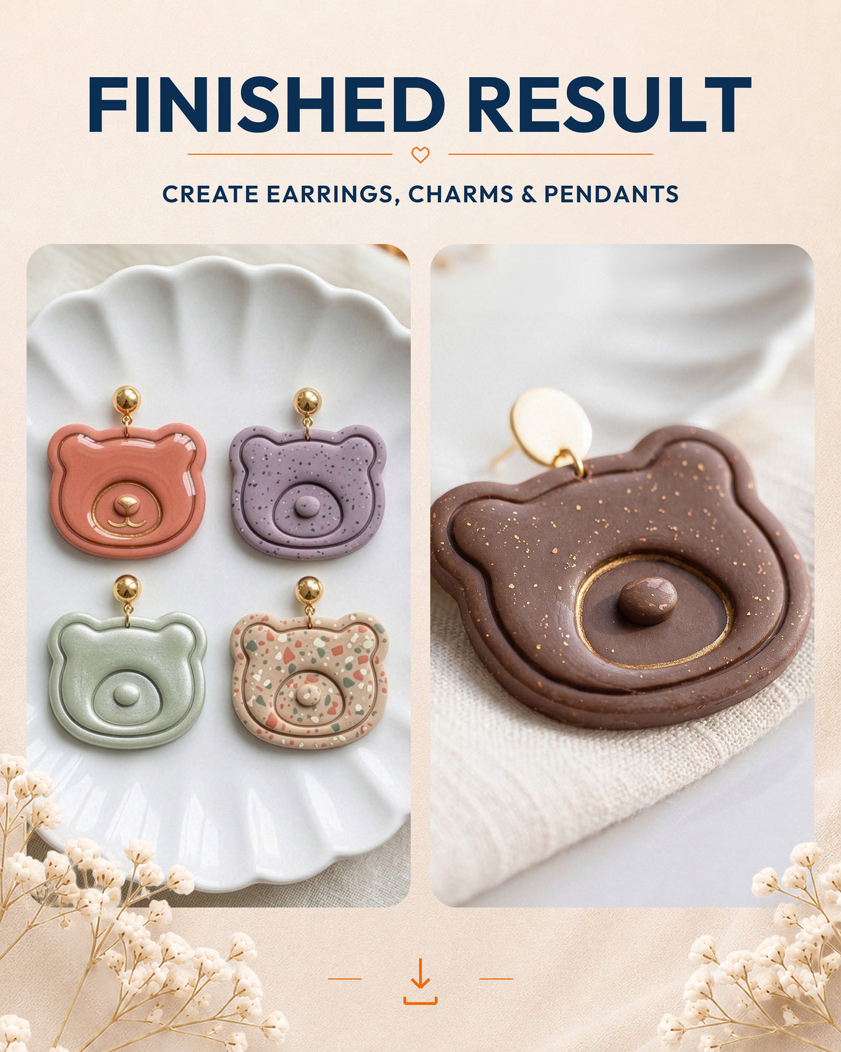 Finished result collage showing polymer clay jewelry created with the Mini Bear Face cutter design.