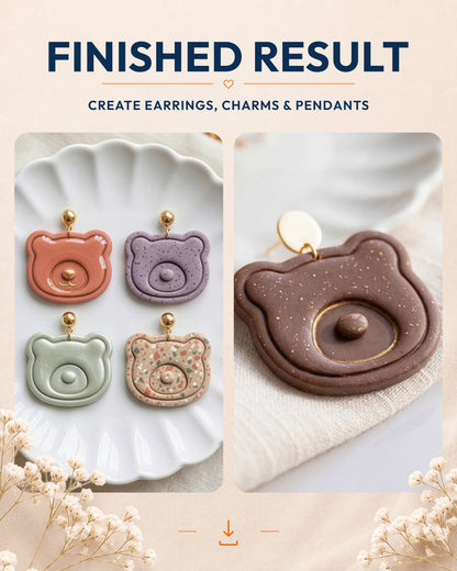 Finished result collage showing polymer clay jewelry created with the Mini Bear Face cutter design.