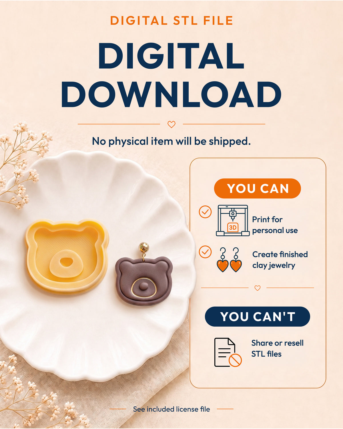 Digital download information graphic for the Mini Bear Face STL files, explaining that no physical item is shipped.