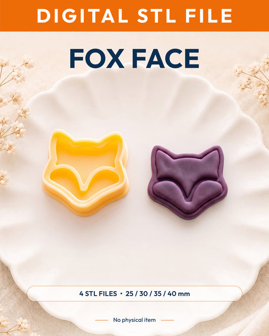Digital STL listing hero showing the Mini Fox Face printed clay cutter with example finished polymer clay jewelry.