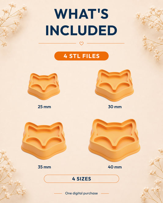 What's included graphic showing the STL file package and available sizes for the Mini Fox Face clay cutter.