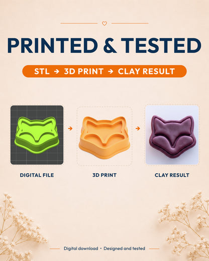Printed and tested graphic showing the digital model, printed Mini Fox Face cutter and matching polymer clay result.
