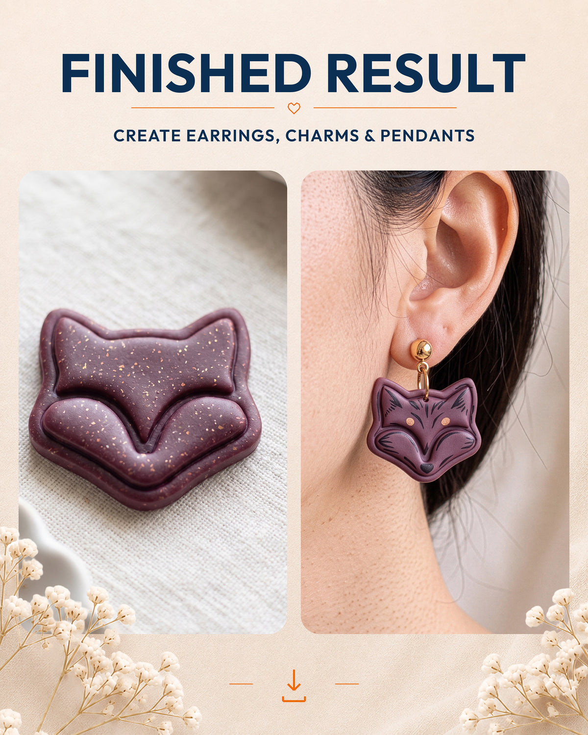 Finished result collage showing polymer clay jewelry created with the Mini Fox Face cutter design.