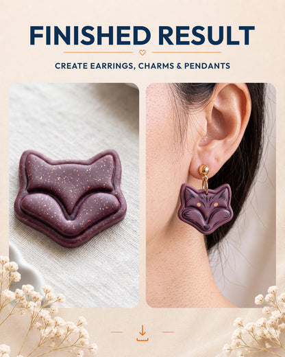Finished result collage showing polymer clay jewelry created with the Mini Fox Face cutter design.