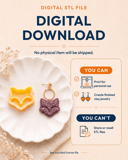 Digital download information graphic for the Mini Fox Face STL files, explaining that no physical item is shipped.