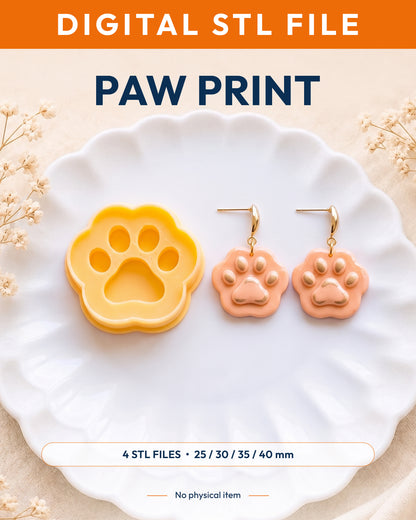 Digital STL listing hero showing the Mini Paw Print printed clay cutter with example finished polymer clay jewelry.