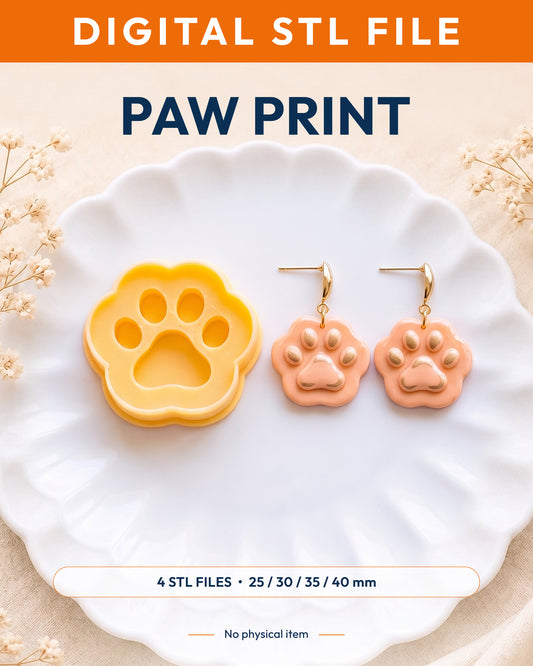 Digital STL listing hero showing the Mini Paw Print printed clay cutter with example finished polymer clay jewelry.