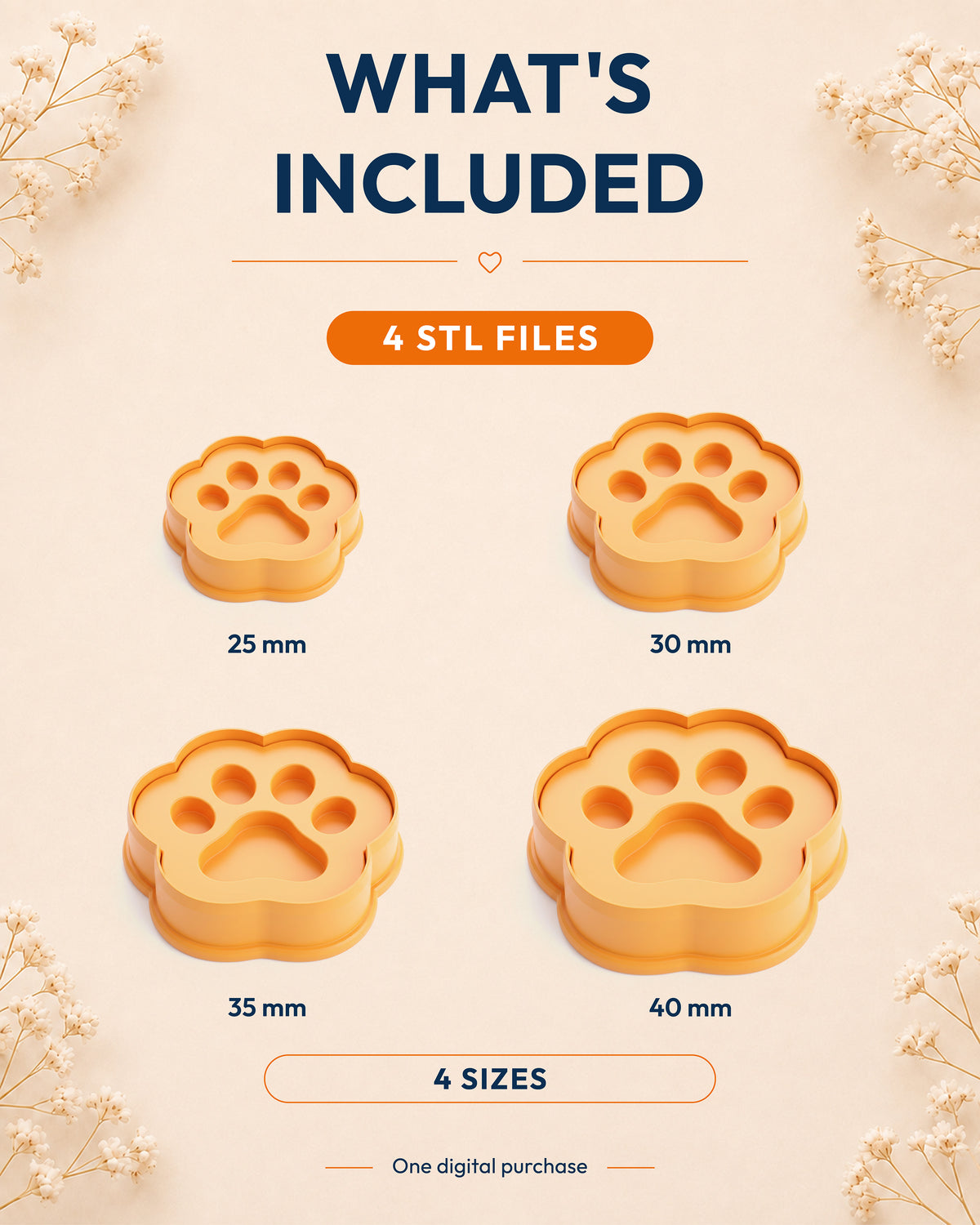 What's included graphic showing the STL file package and available sizes for the Mini Paw Print clay cutter.