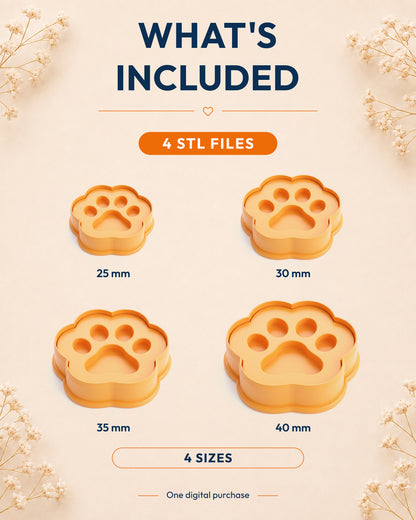 What's included graphic showing the STL file package and available sizes for the Mini Paw Print clay cutter.