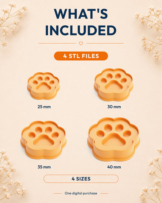 What's included graphic showing the STL file package and available sizes for the Mini Paw Print clay cutter.