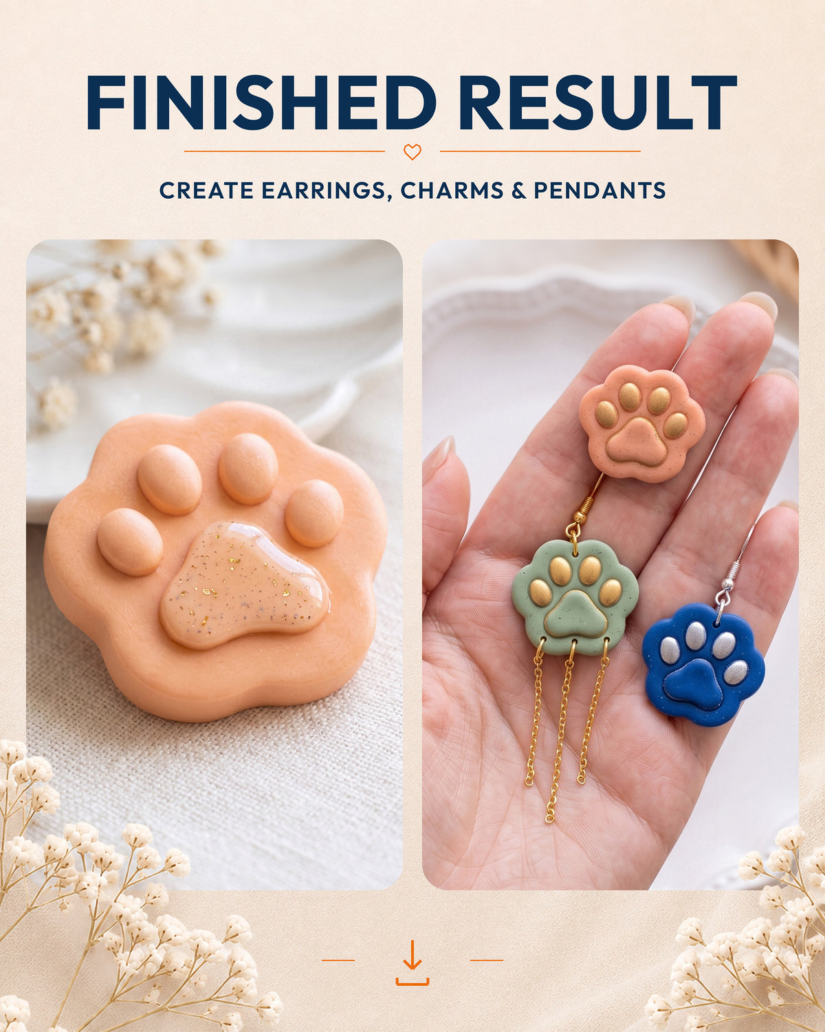 Finished result collage showing polymer clay jewelry created with the Mini Paw Print cutter design.