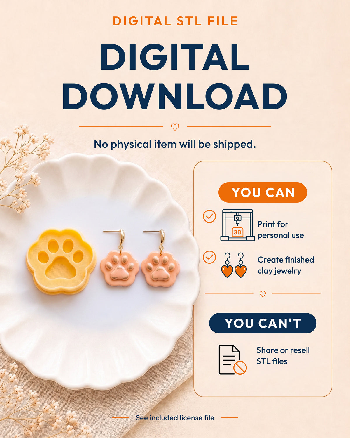 Digital download information graphic for the Mini Paw Print STL files, explaining that no physical item is shipped.