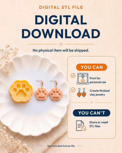 Digital download information graphic for the Mini Paw Print STL files, explaining that no physical item is shipped.