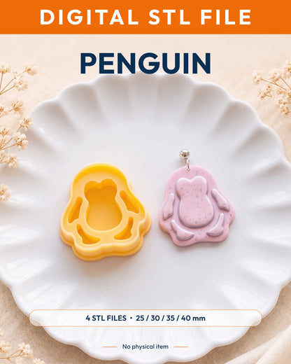 Digital STL listing hero showing the Mini Penguin printed clay cutter with example finished polymer clay jewelry.