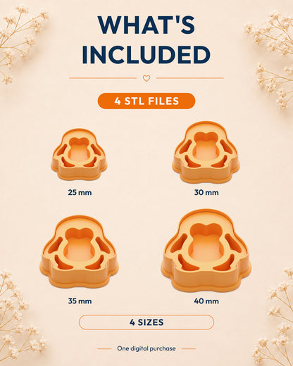 What's included graphic showing the STL file package and available sizes for the Mini Penguin clay cutter.