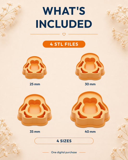 What's included graphic showing the STL file package and available sizes for the Mini Penguin clay cutter.