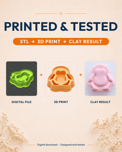 Printed and tested graphic showing the digital model, printed Mini Penguin cutter and matching polymer clay result.