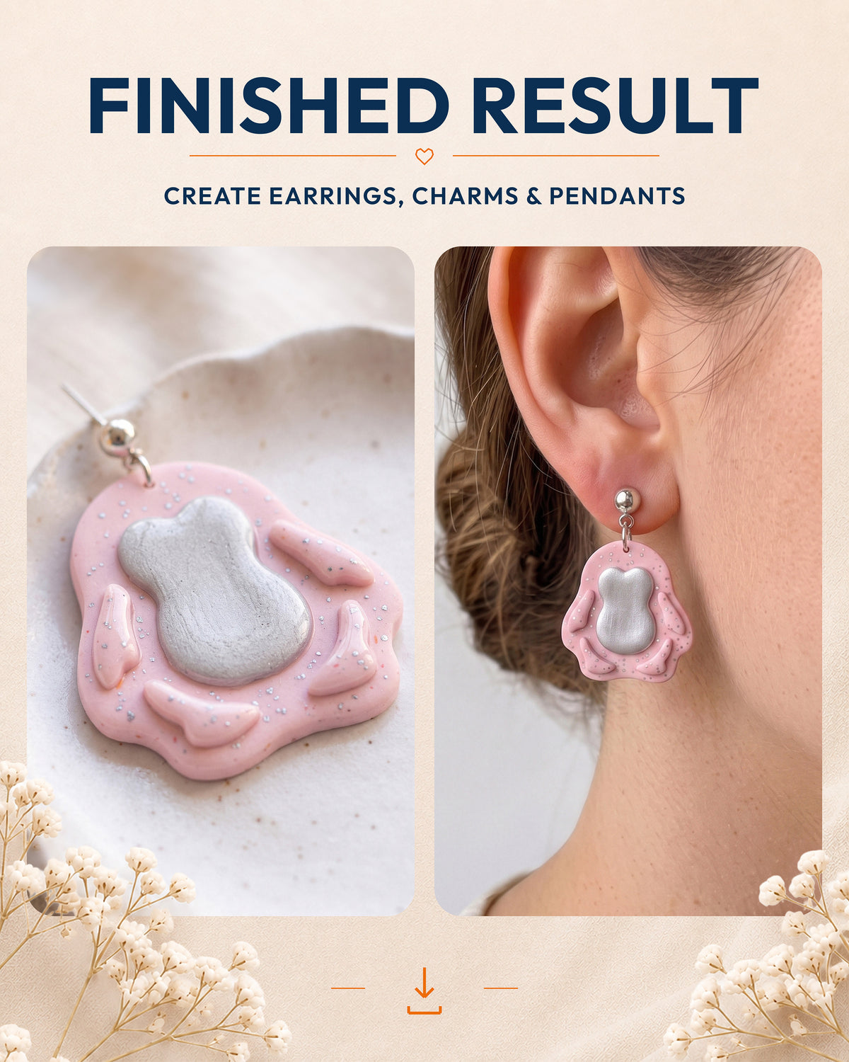 Finished result collage showing polymer clay jewelry created with the Mini Penguin cutter design.