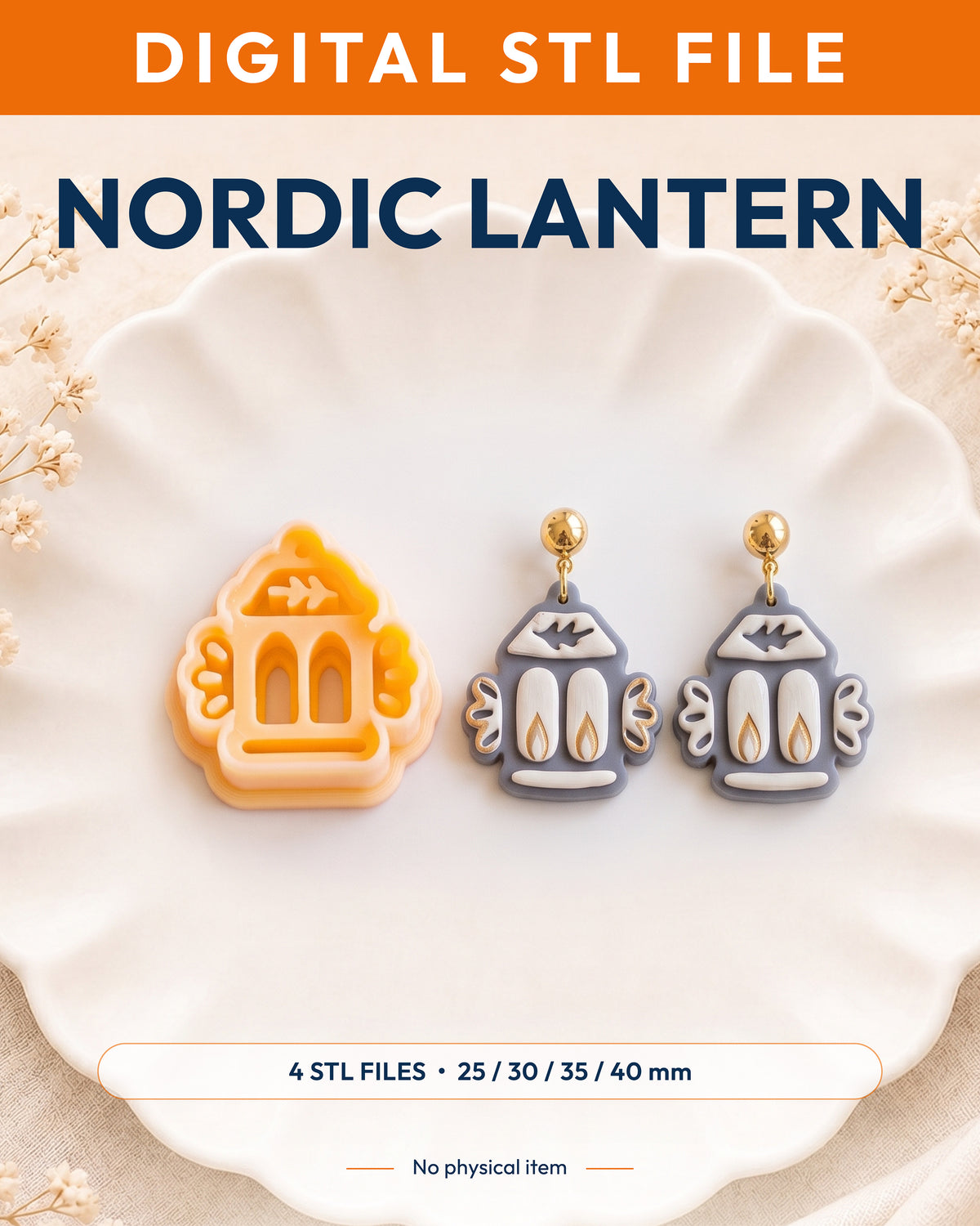 Digital STL listing hero showing the Nordic Folk Lantern printed clay cutter with example finished polymer clay jewelry.