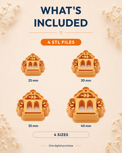 What's included graphic showing the STL file package and available sizes for the Nordic Folk Lantern clay cutter.