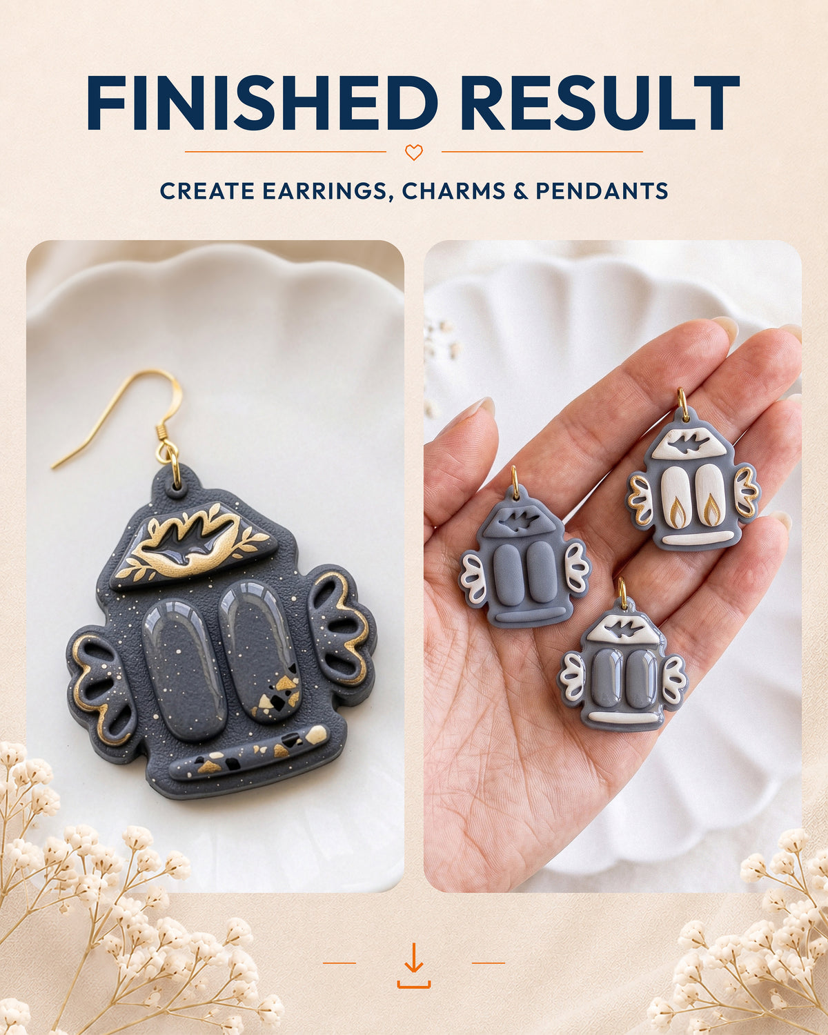 Finished result collage showing polymer clay jewelry created with the Nordic Folk Lantern cutter design.