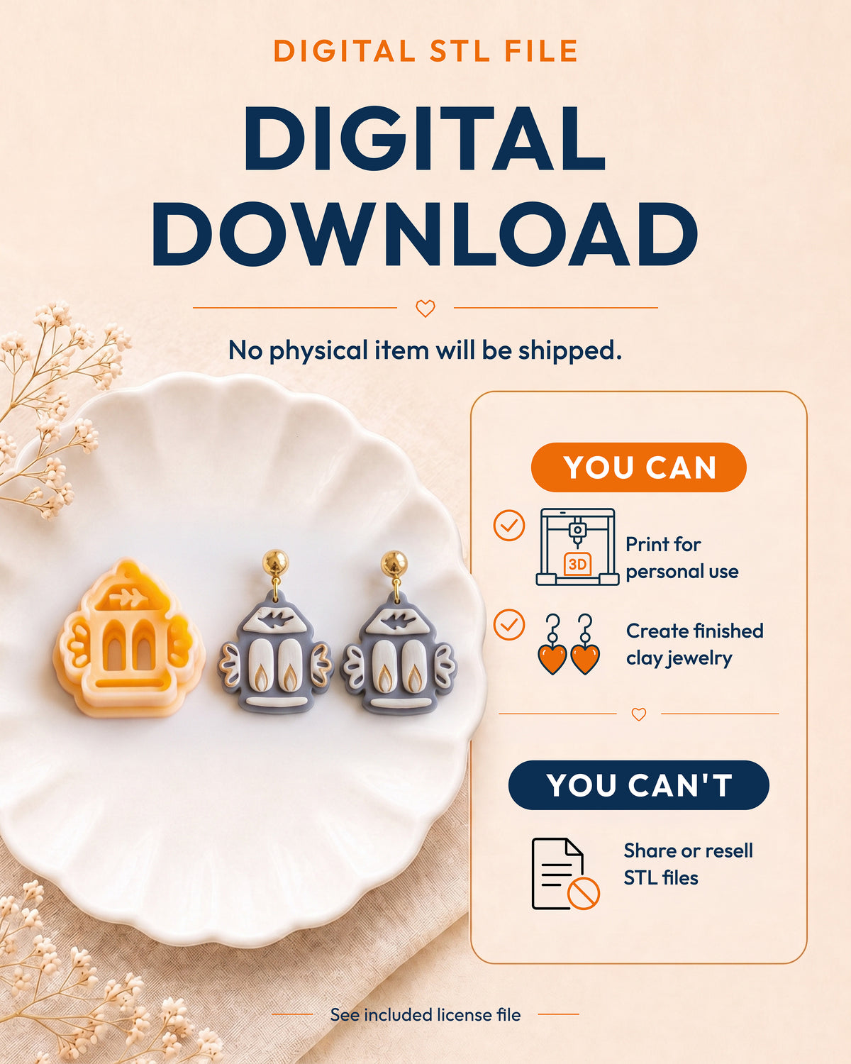 Digital download information graphic for the Nordic Folk Lantern STL files, explaining that no physical item is shipped.
