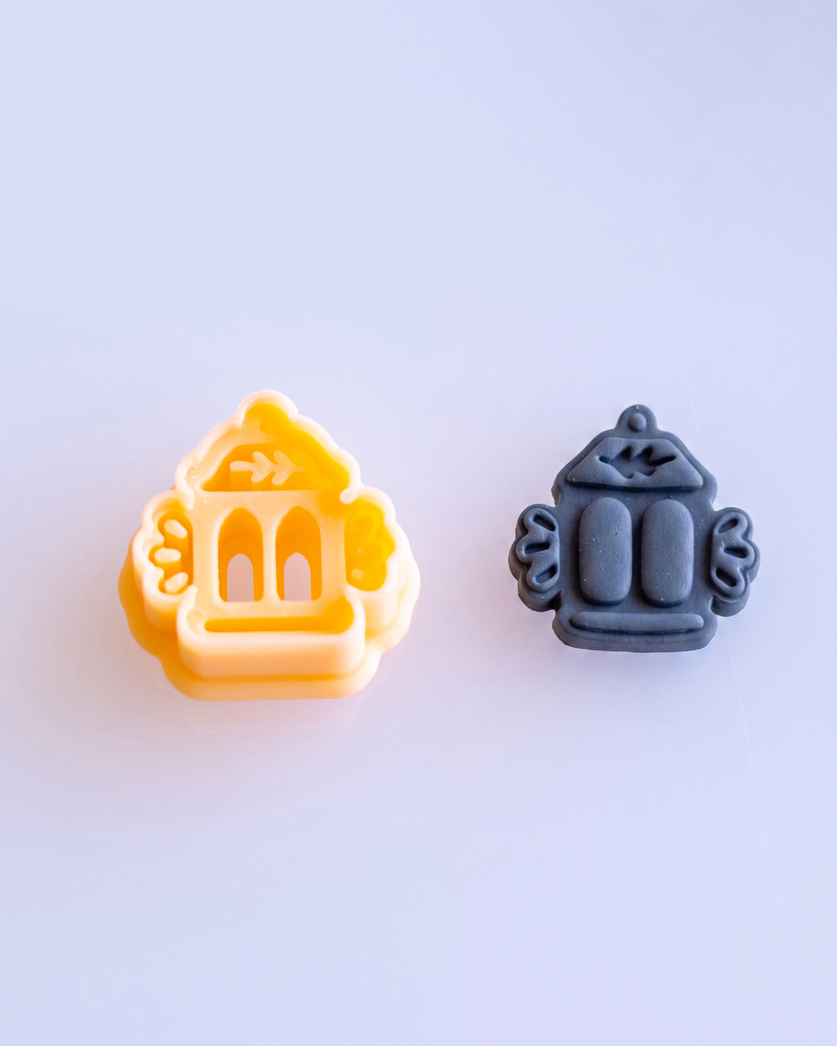 Printed Nordic Folk Lantern clay cutter shown beside the matching cut and imprinted polymer clay result.